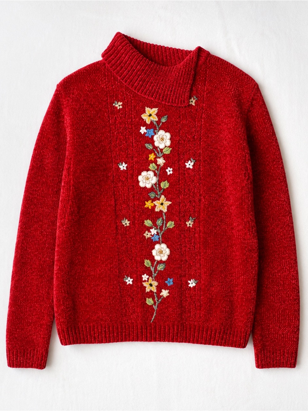 Alfred Dunner Red Chenille Floral Embroidered Sweater PM Vintage 90s